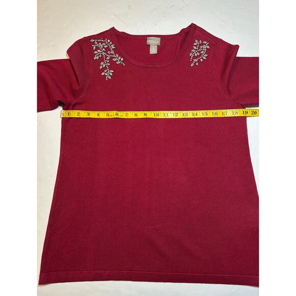 Chico's Red Round Neck Embellished Stretch Tight Knit Pullover Top Size 1 US 8 - Picture 5 of 9